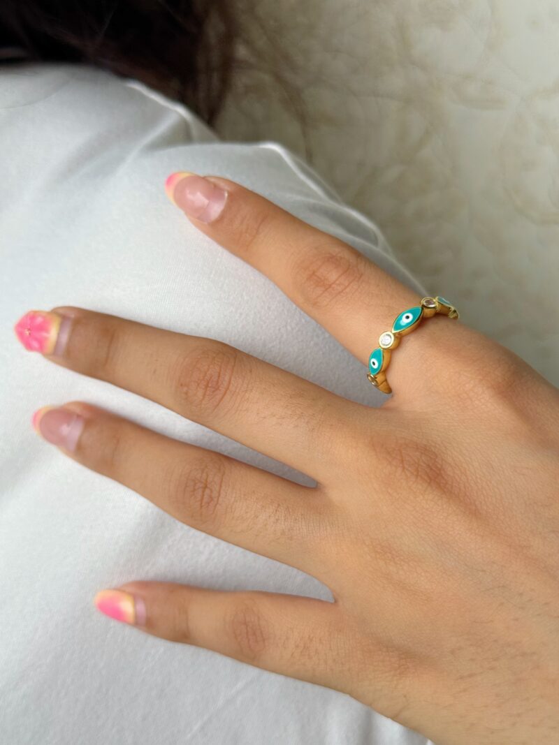 Teal Teardrop Evil Eye Ring